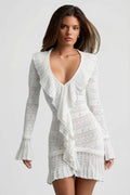 Chic Ruffle-Trim Pointelle-Knit Mini Dress in Coconut