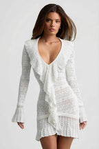 Chic Ruffle-Trim Pointelle-Knit Mini Dress in Coconut