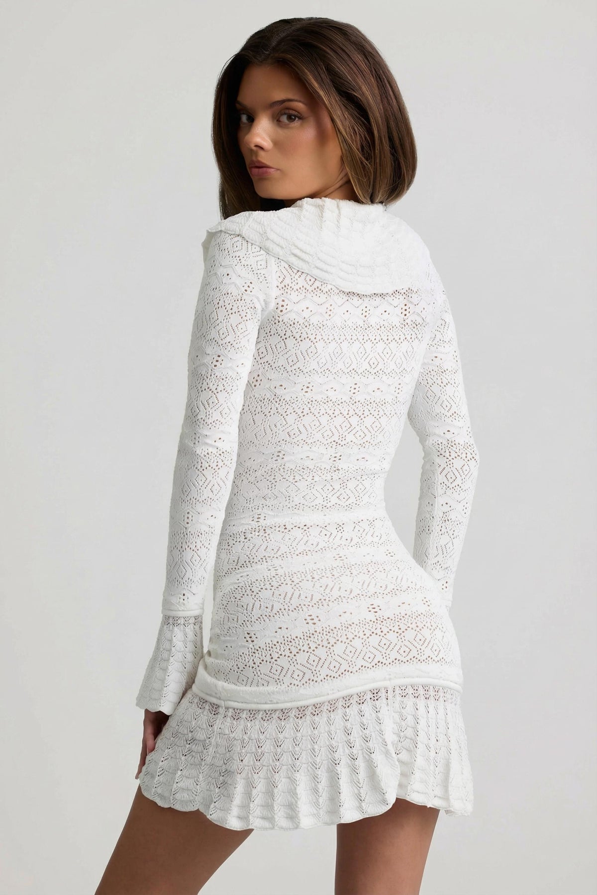 Chic Ruffle-Trim Pointelle-Knit Mini Dress in Coconut