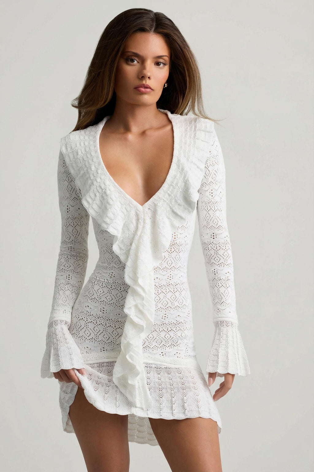 Chic Ruffle-Trim Pointelle-Knit Mini Dress in Coconut