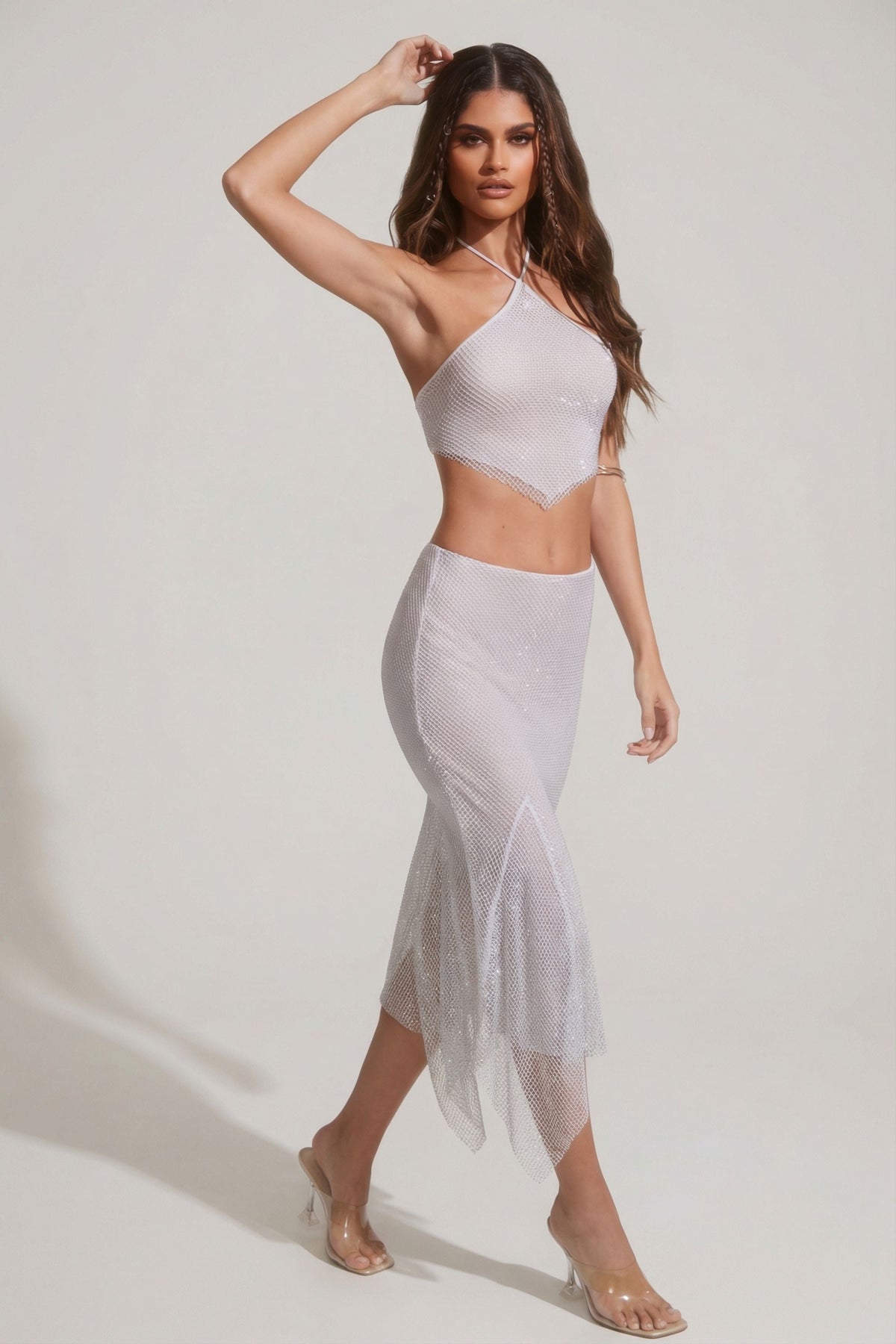 Chic Embellished Handkerchief Hem Midaxi Skirt in Silver