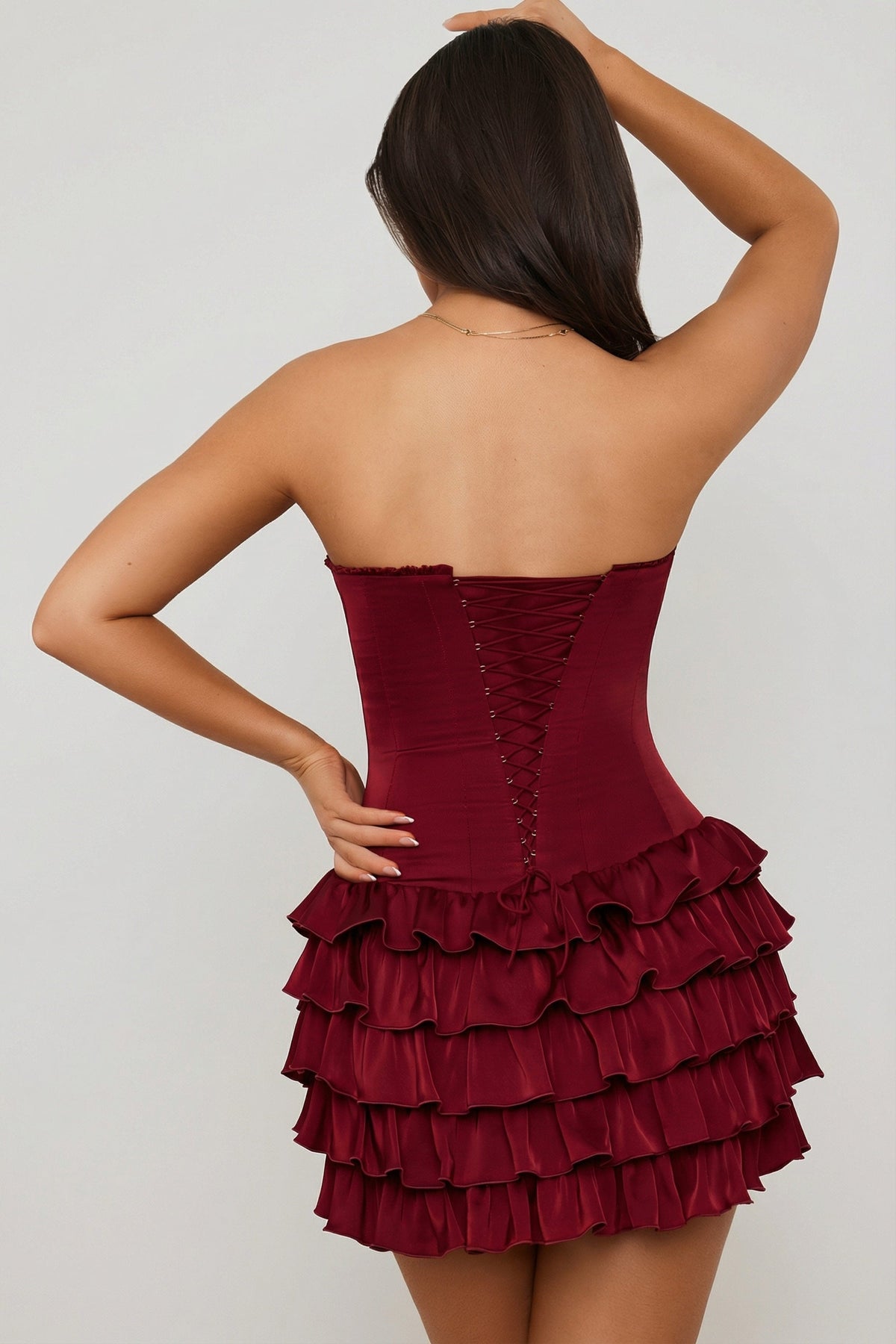Chic Bandeau Ruffled Tiered Corset Mini Dress in Berry Red