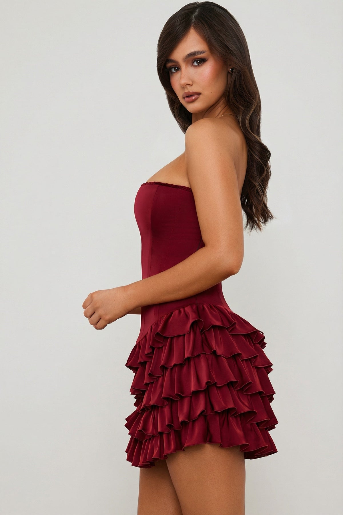 Chic Bandeau Ruffled Tiered Corset Mini Dress in Berry Red
