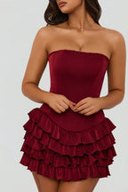 Chic Bandeau Ruffled Tiered Corset Mini Dress in Berry Red