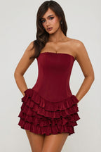 Chic Bandeau Ruffled Tiered Corset Mini Dress in Berry Red