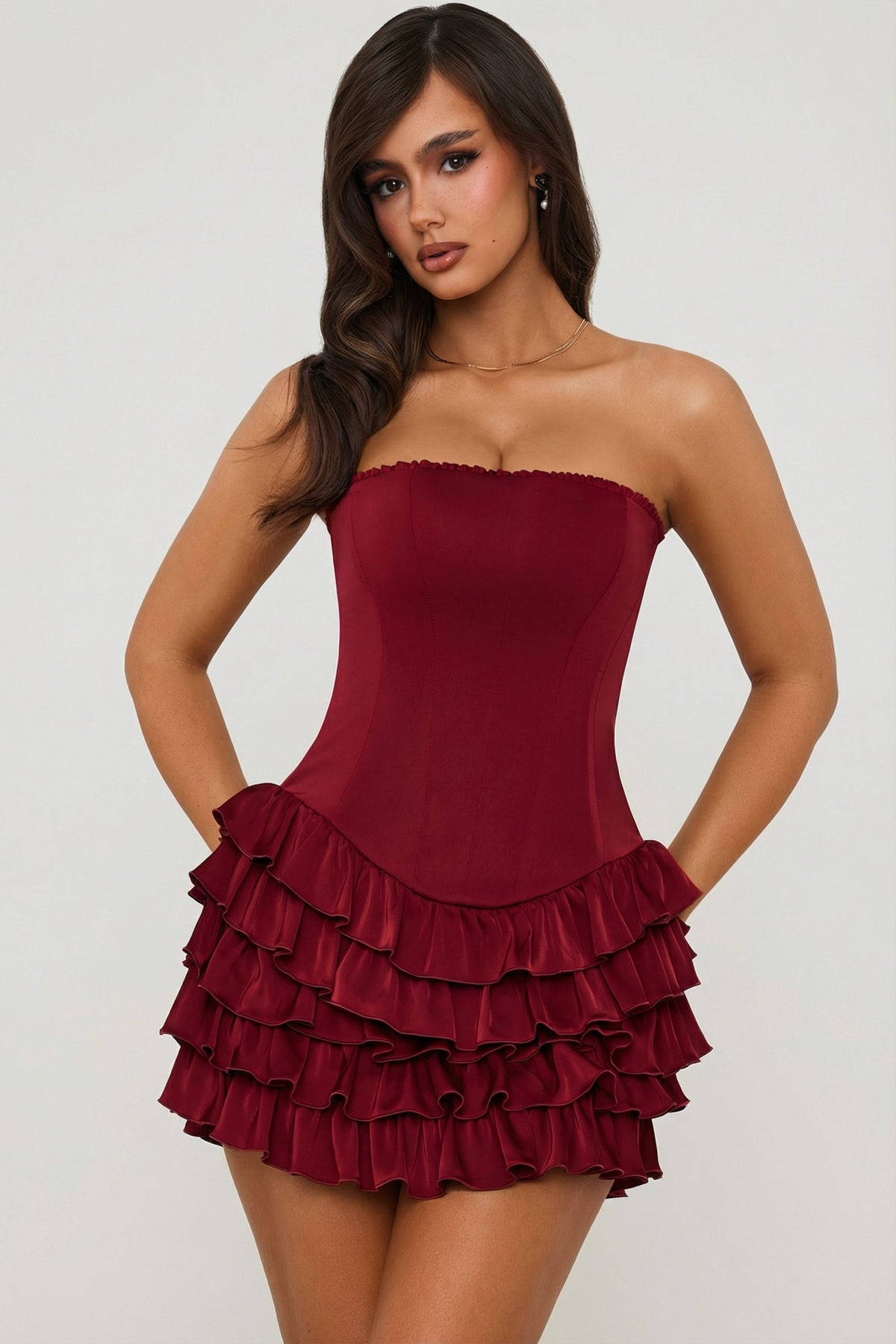 Chic Bandeau Ruffled Tiered Corset Mini Dress in Berry Red