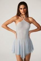 Chic Embellished Lace Up Back Mini Dress in Aqua