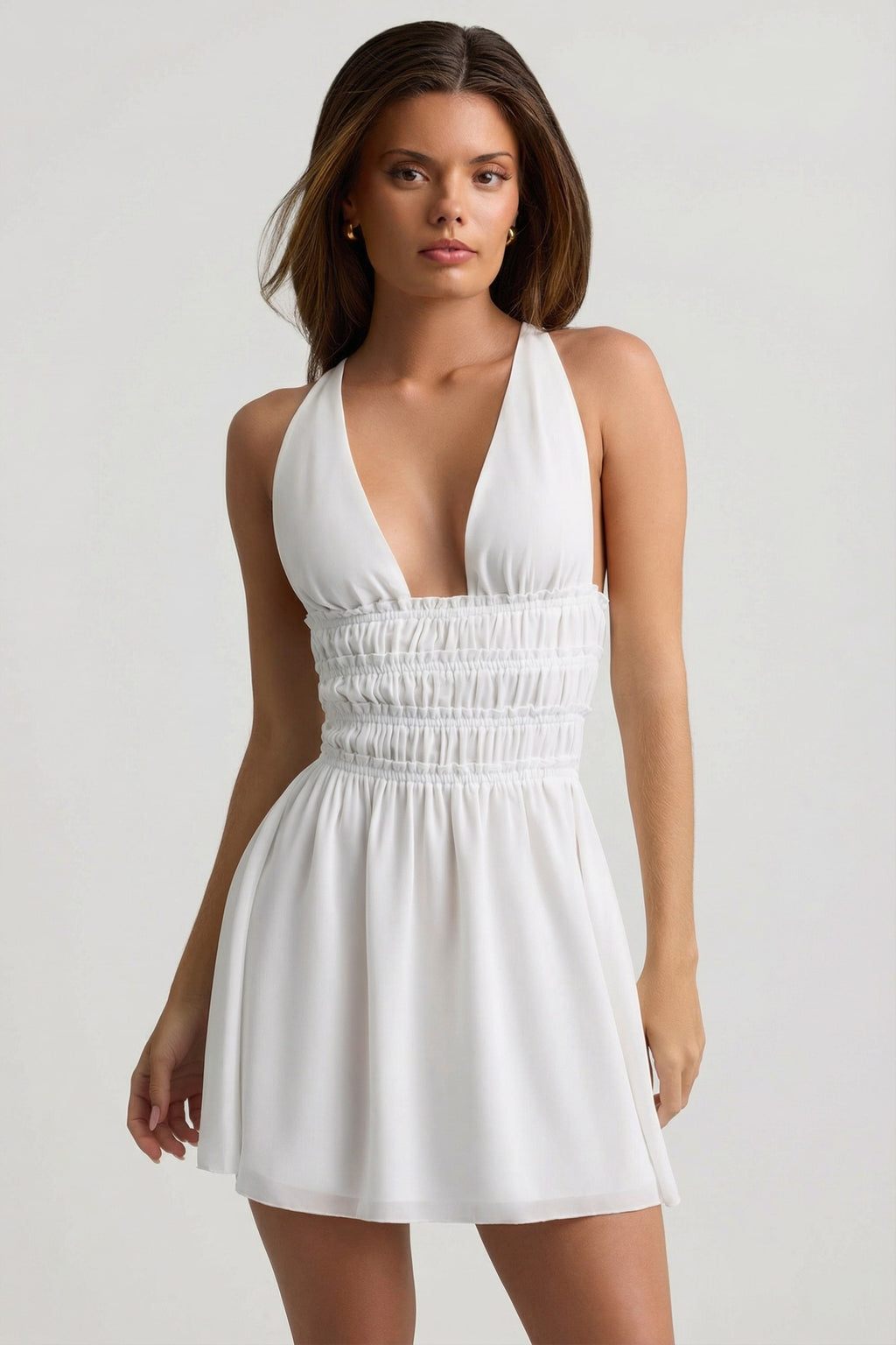 Chic Plunge Cross-Back Mini Dress in White