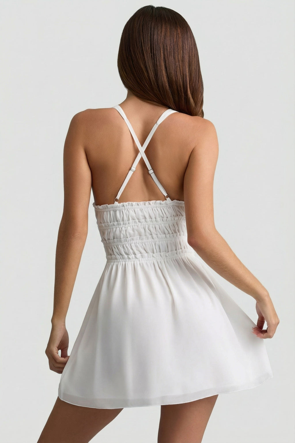 Chic Plunge Cross-Back Mini Dress in White