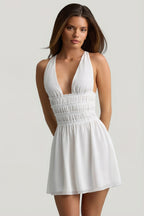 Chic Plunge Cross-Back Mini Dress in White