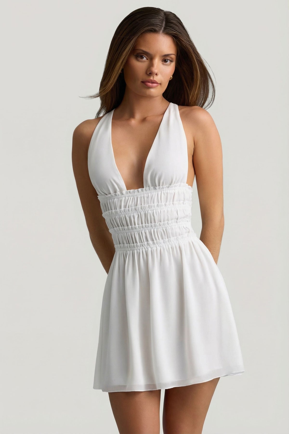 Chic Plunge Cross-Back Mini Dress in White
