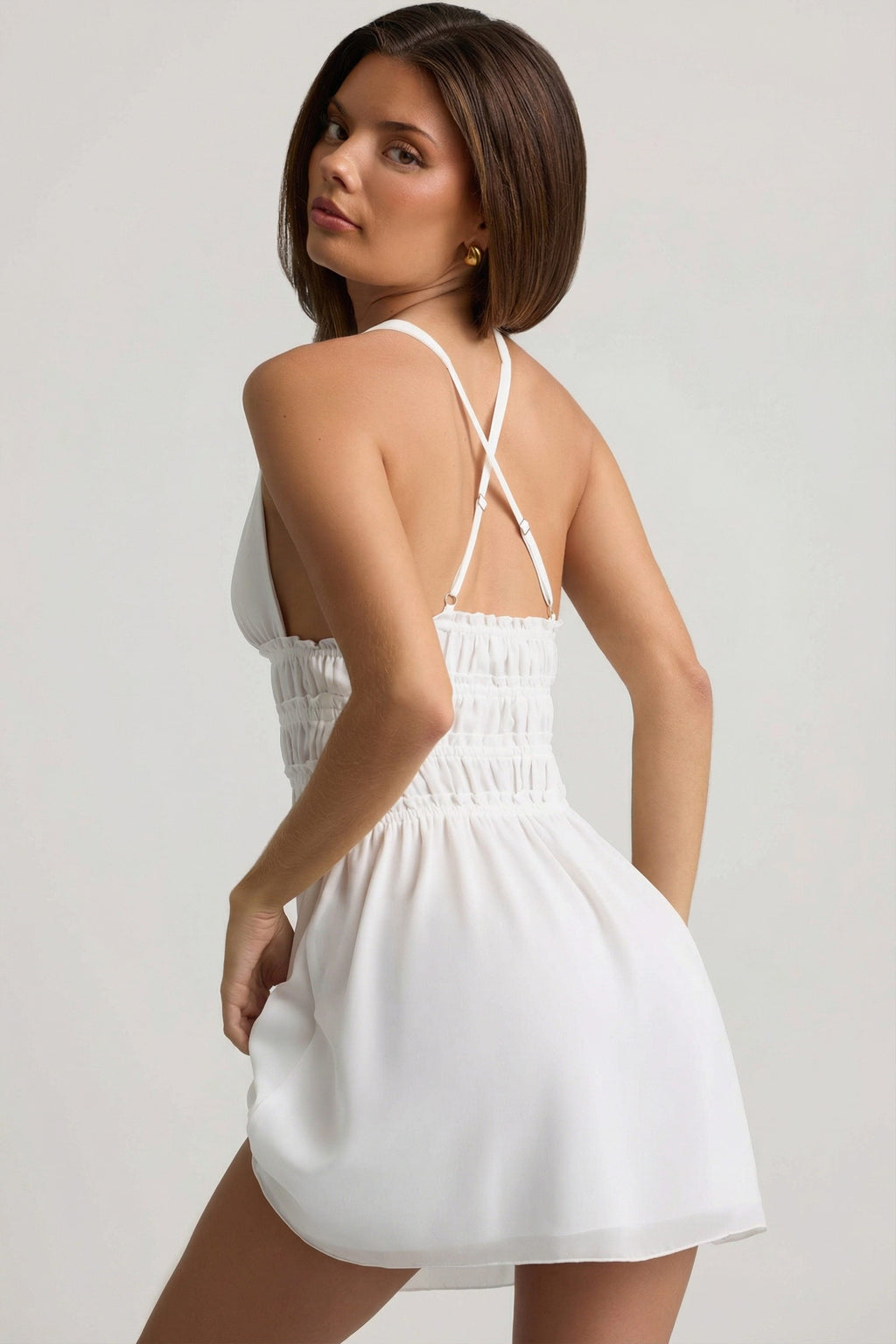 Chic Plunge Cross-Back Mini Dress in White
