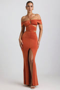 Chic Slinky Jersey Cut-Out Halterneck Gown in Burnt Orange