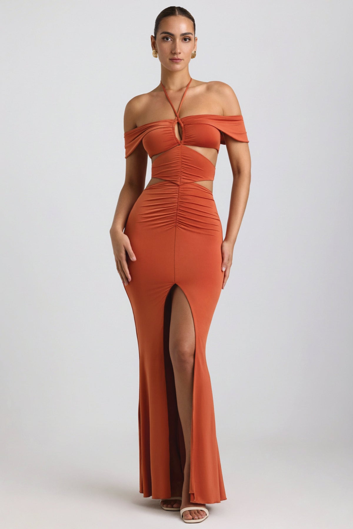 Chic Slinky Jersey Cut-Out Halterneck Gown in Burnt Orange
