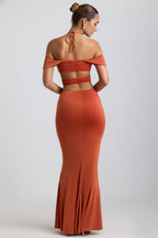 Chic Slinky Jersey Cut-Out Halterneck Gown in Burnt Orange