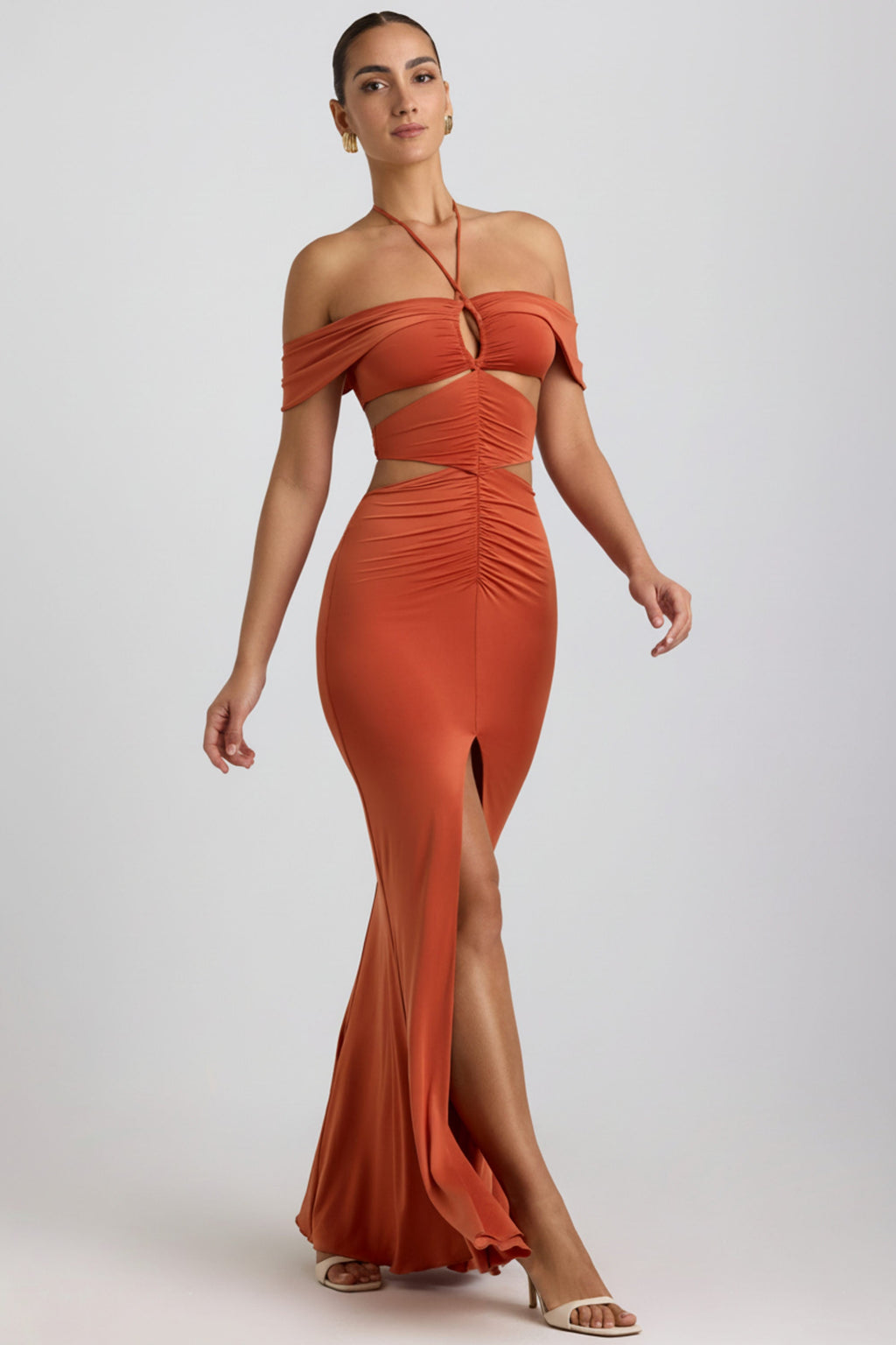 Chic Slinky Jersey Cut-Out Halterneck Gown in Burnt Orange