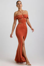 Chic Slinky Jersey Cut-Out Halterneck Gown in Burnt Orange