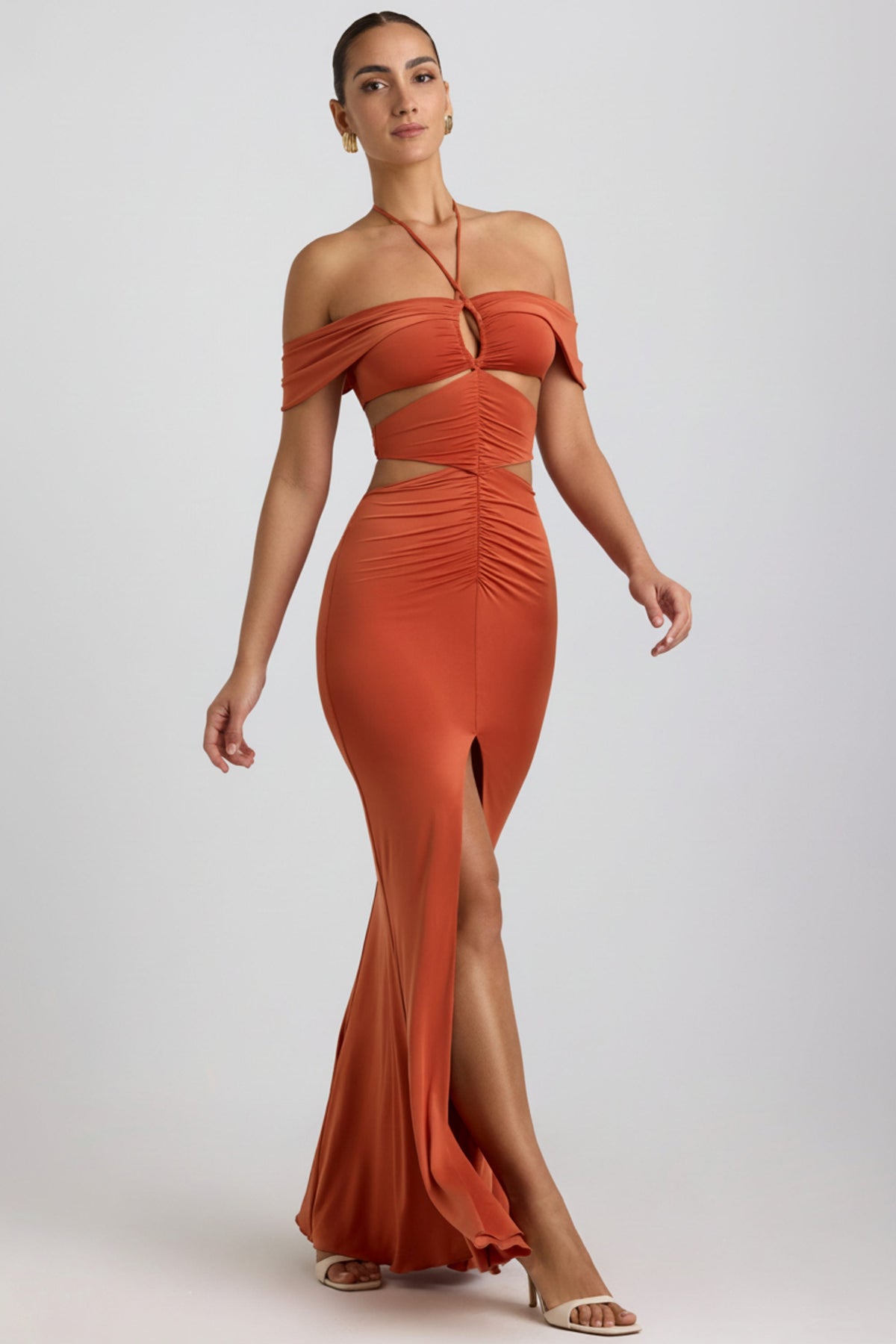 Chic Slinky Jersey Cut-Out Halterneck Gown in Burnt Orange