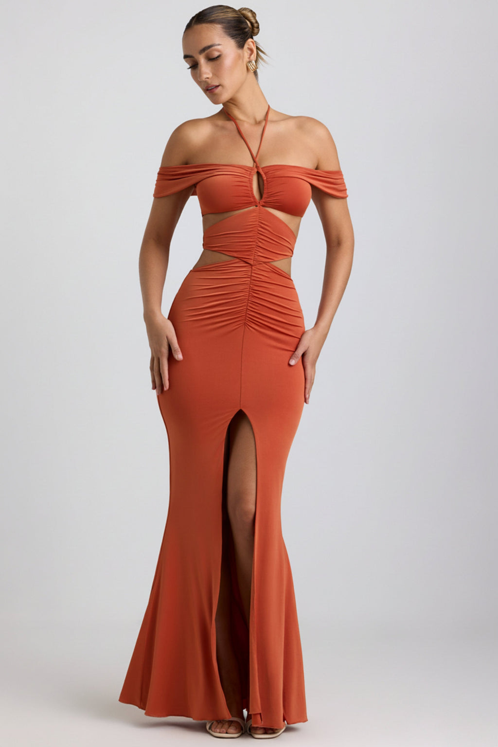 Chic Slinky Jersey Cut-Out Halterneck Gown in Burnt Orange