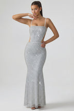 Chic Embellished Cut-Out Gown in Silver
