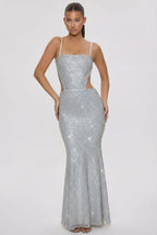 Chic Embellished Cut-Out Gown in Silver