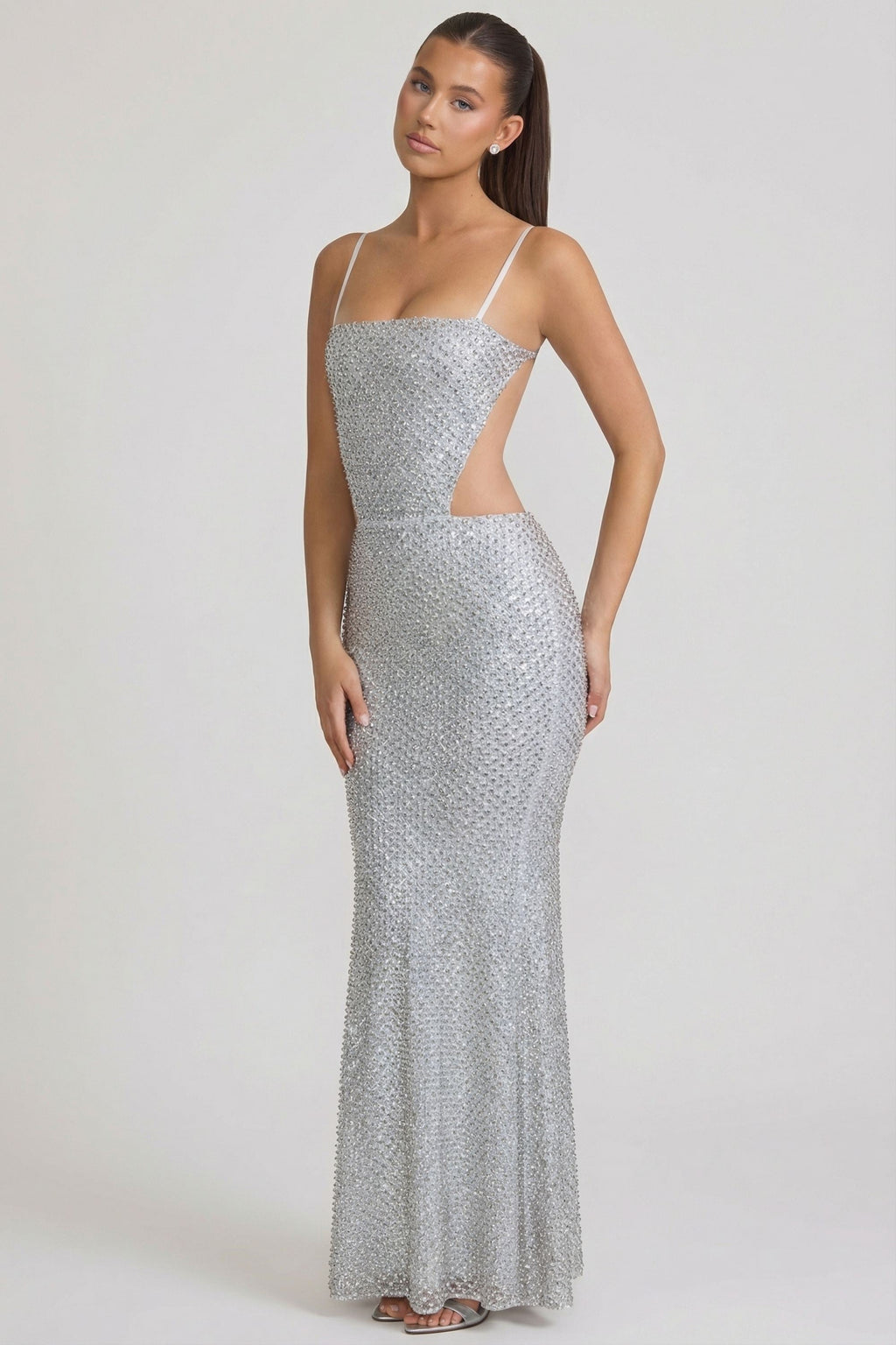 Chic Embellished Cut-Out Gown in Silver