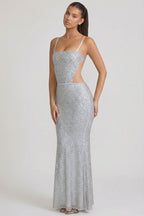 Chic Embellished Cut-Out Gown in Silver