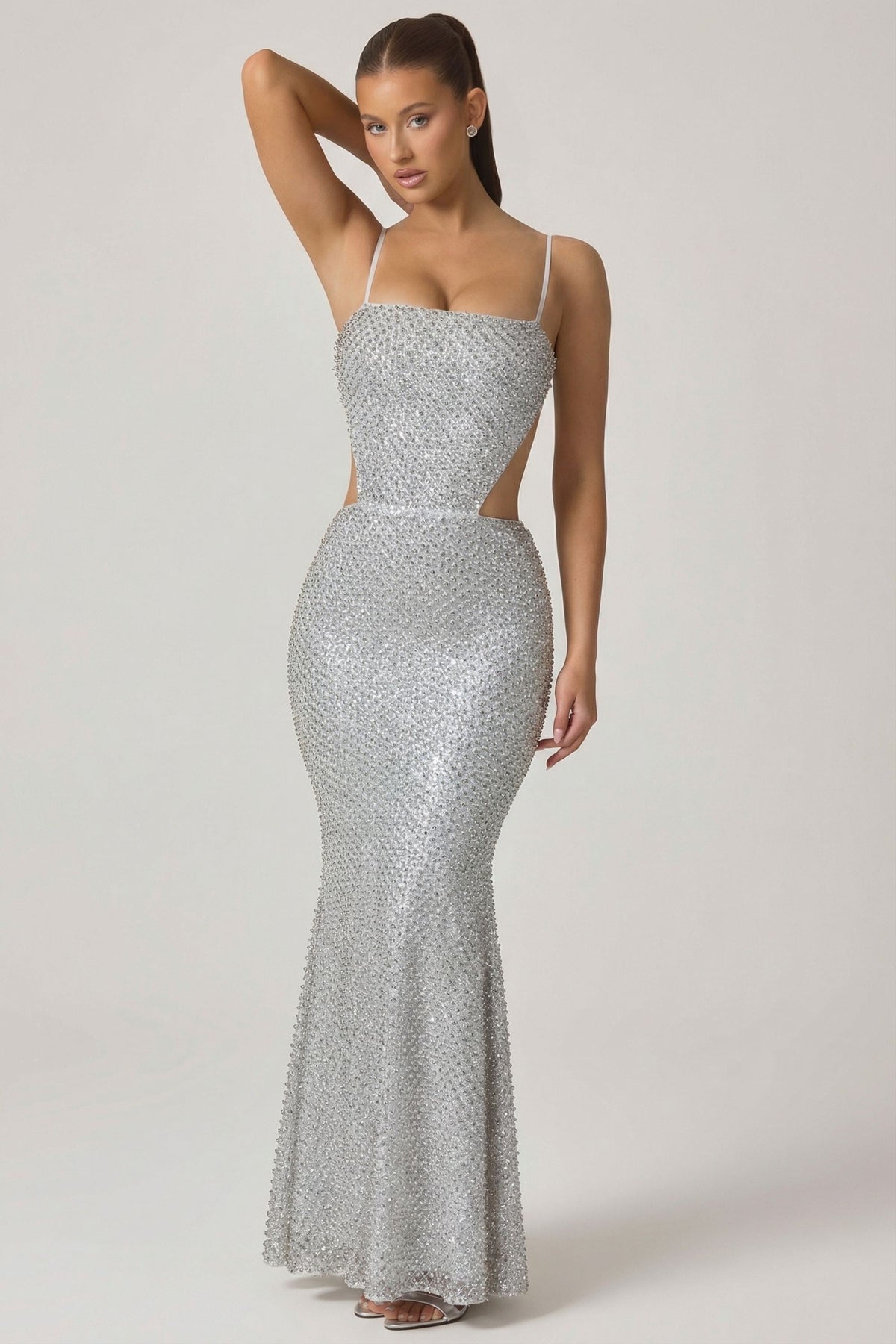 Chic Embellished Cut-Out Gown in Silver