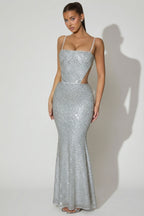 Chic Embellished Cut-Out Gown in Silver
