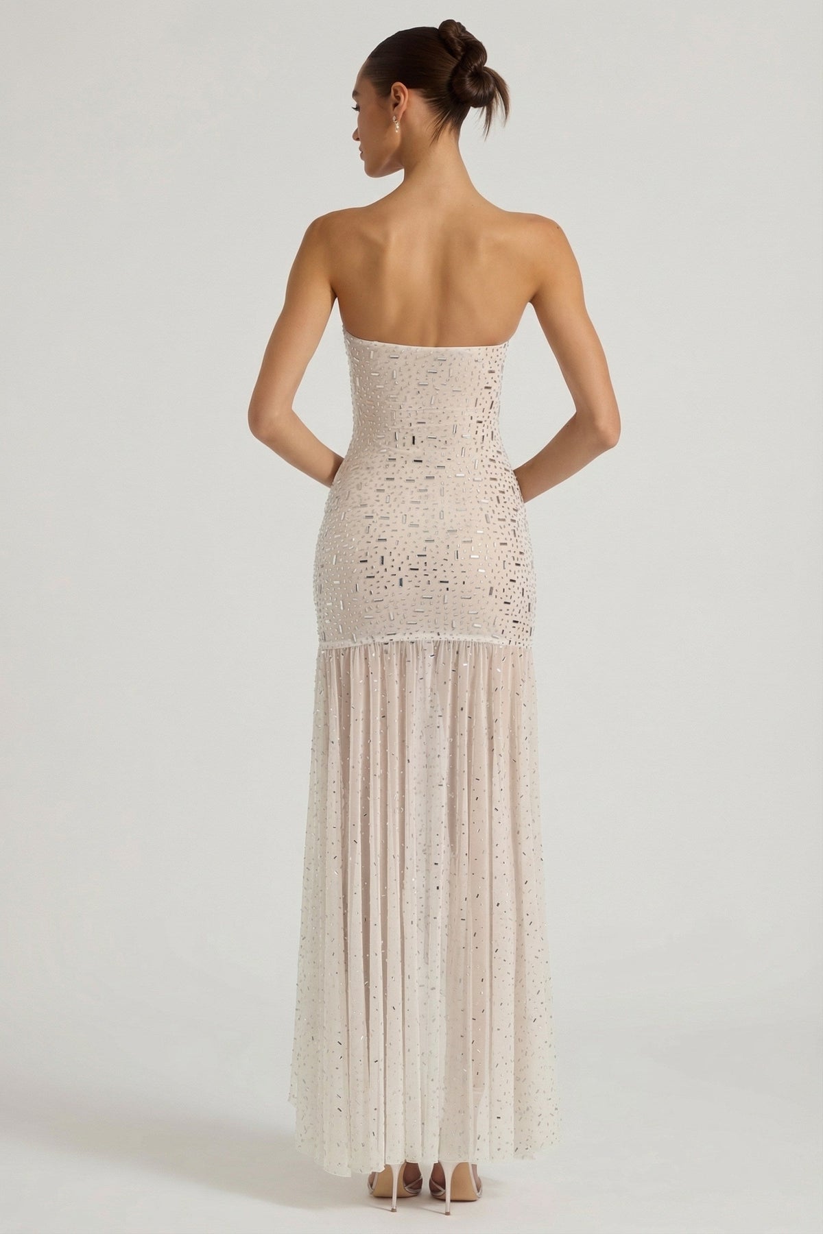 Chic Semi-Sheer Embellished Asymmetric Maxi Dress in White