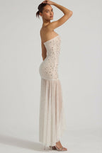 Chic Semi-Sheer Embellished Asymmetric Maxi Dress in White
