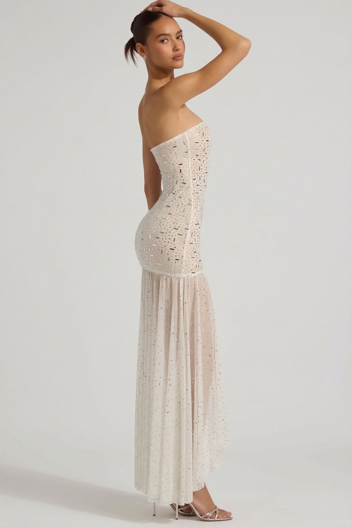 Chic Semi-Sheer Embellished Asymmetric Maxi Dress in White