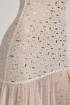 Chic Semi-Sheer Embellished Asymmetric Maxi Dress in White