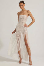 Chic Semi-Sheer Embellished Asymmetric Maxi Dress in White