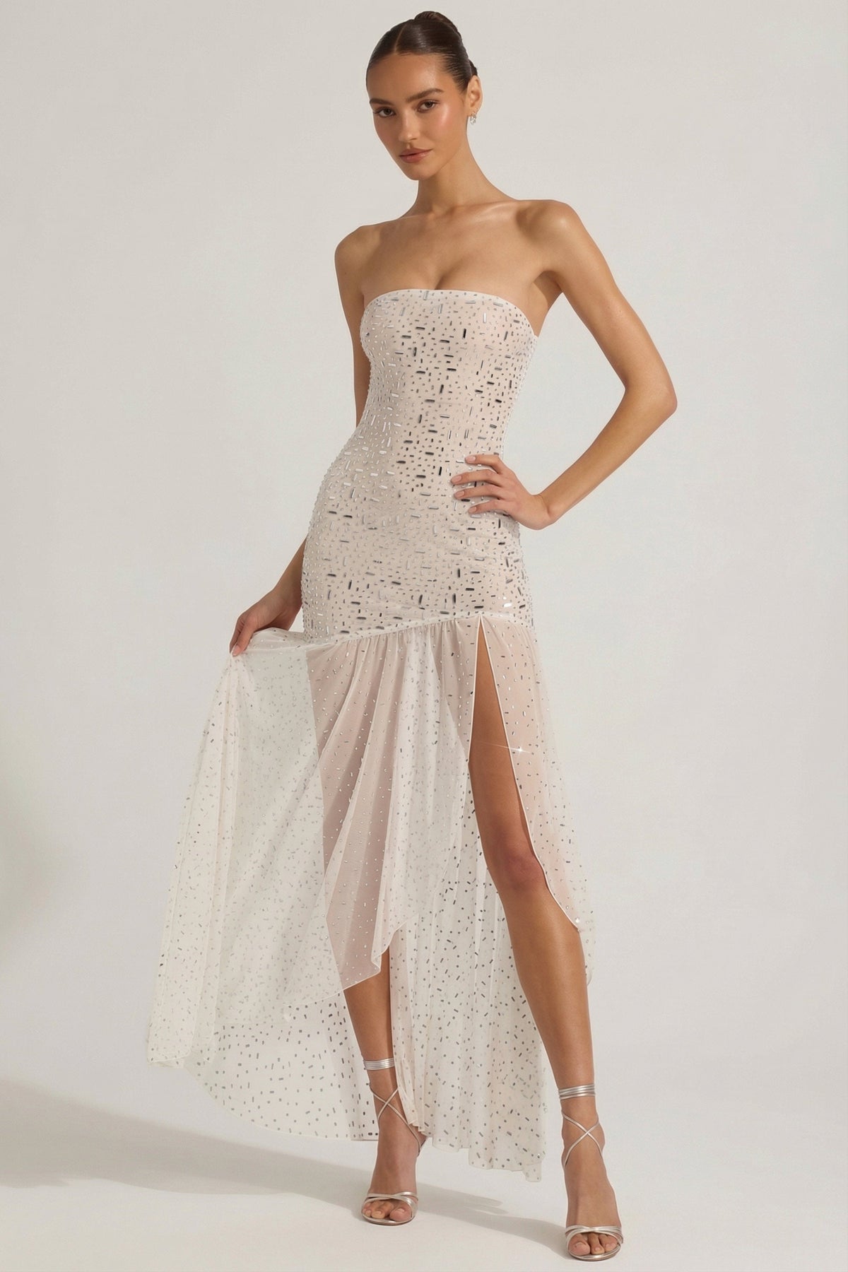 Chic Semi-Sheer Embellished Asymmetric Maxi Dress in White