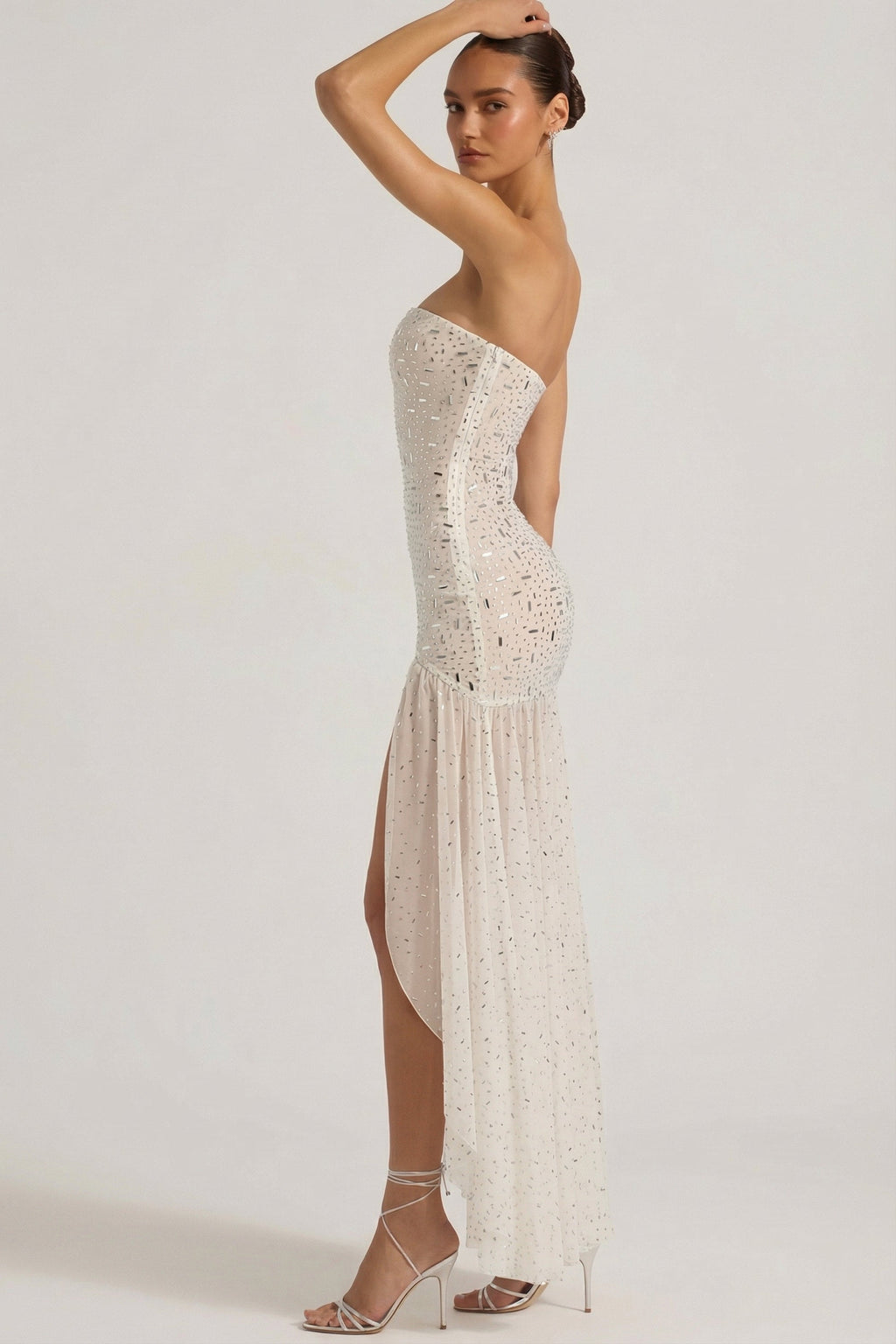 Chic Semi-Sheer Embellished Asymmetric Maxi Dress in White