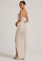 Chic Semi-Sheer Embellished Asymmetric Maxi Dress in White