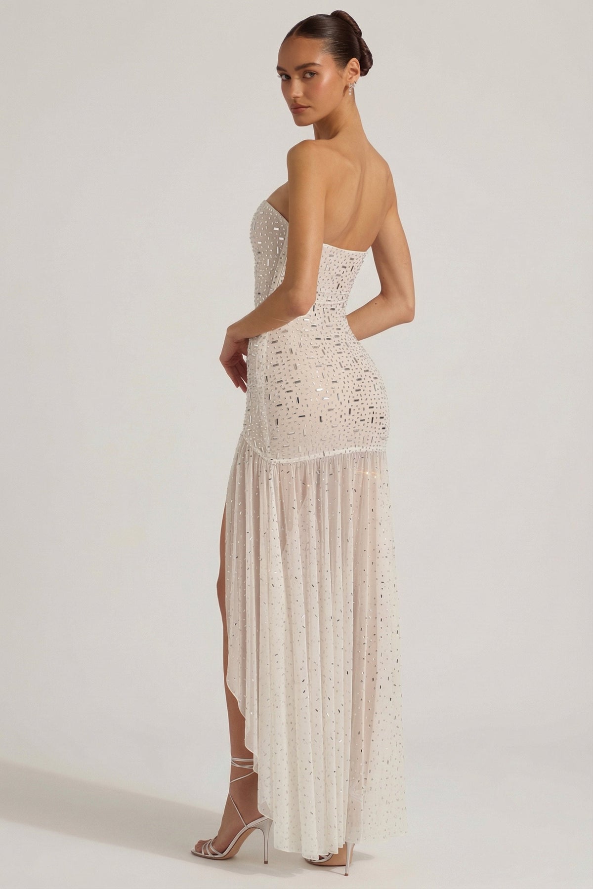 Chic Semi-Sheer Embellished Asymmetric Maxi Dress in White