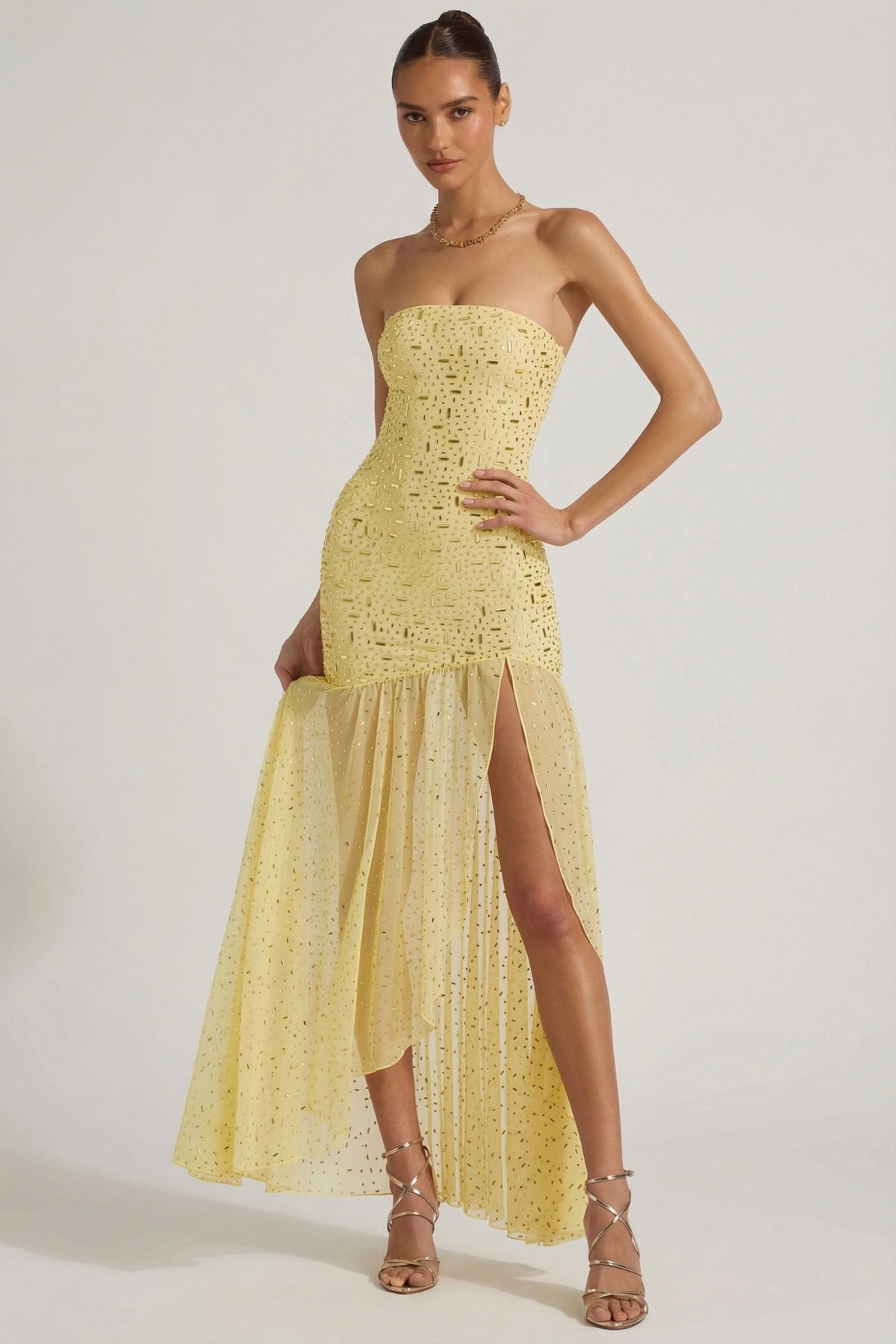 Chic Semi-Sheer Embellished Asymmetric Maxi Dress in Yellow