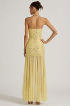 Chic Semi-Sheer Embellished Asymmetric Maxi Dress in Yellow