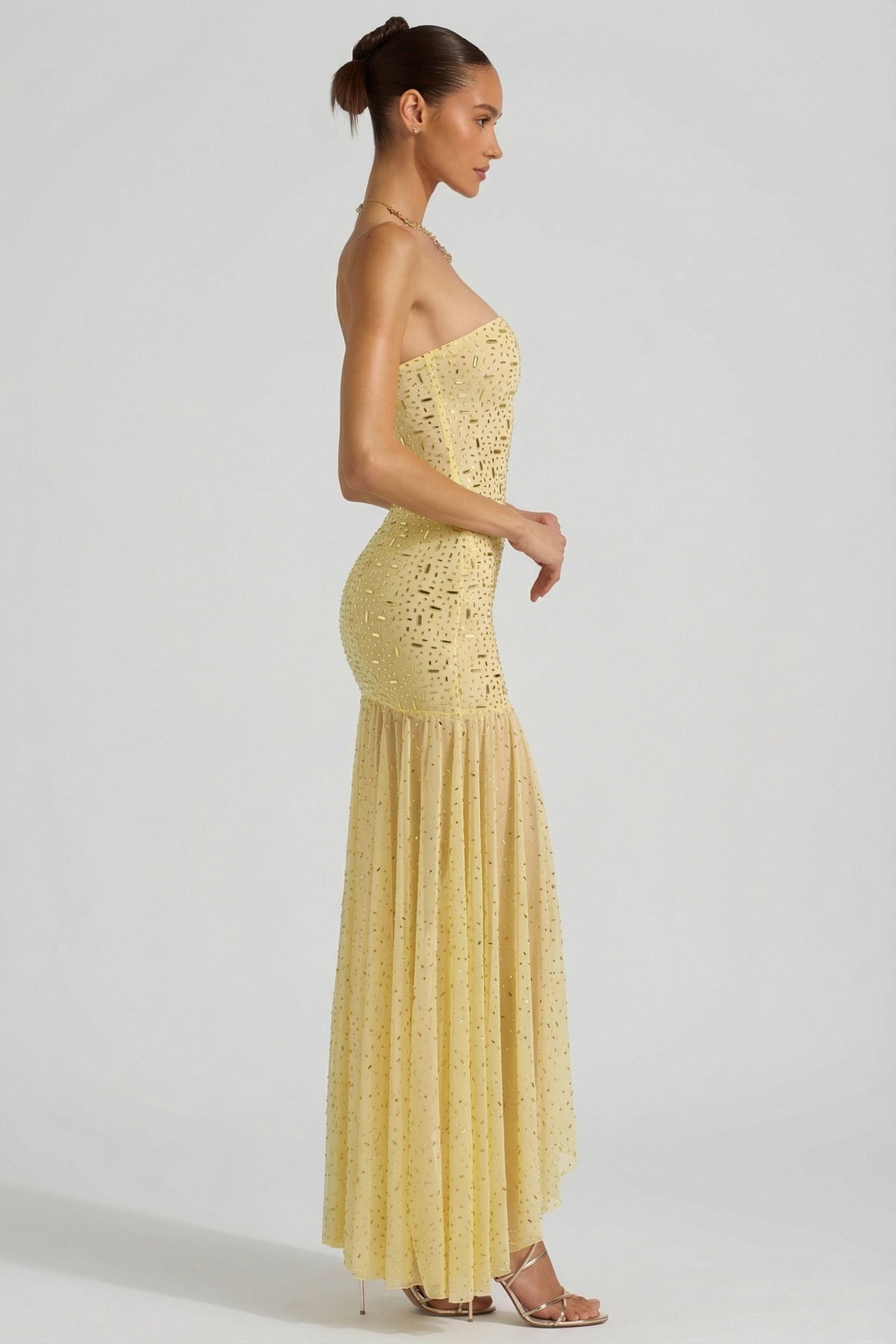 Chic Semi-Sheer Embellished Asymmetric Maxi Dress in Yellow
