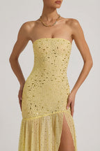 Chic Semi-Sheer Embellished Asymmetric Maxi Dress in Yellow