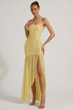 Chic Semi-Sheer Embellished Asymmetric Maxi Dress in Yellow