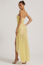 Chic Semi-Sheer Embellished Asymmetric Maxi Dress in Yellow