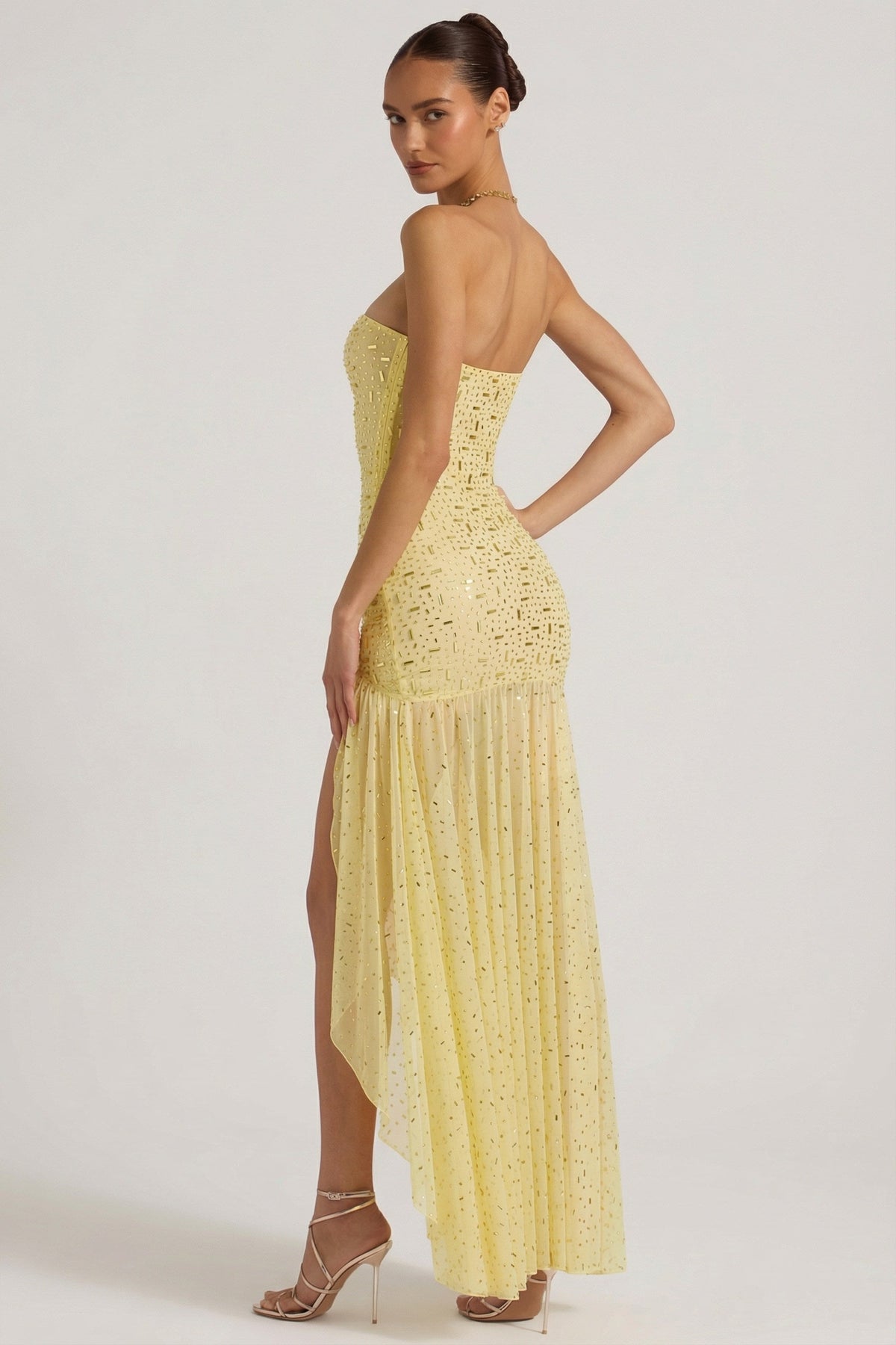 Chic Semi-Sheer Embellished Asymmetric Maxi Dress in Yellow