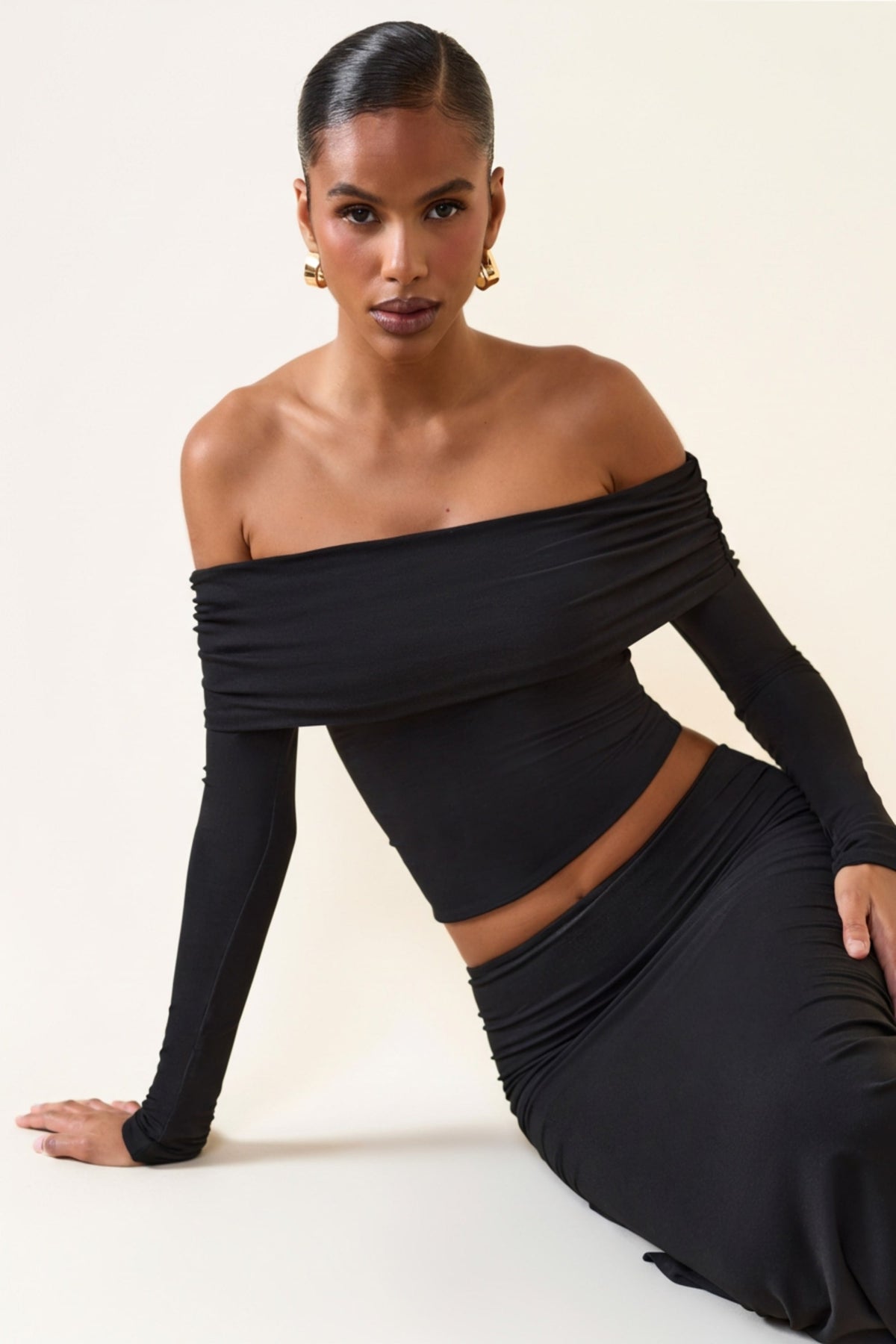 Chic Modal Off-Shoulder Long-Sleeve Top in Black