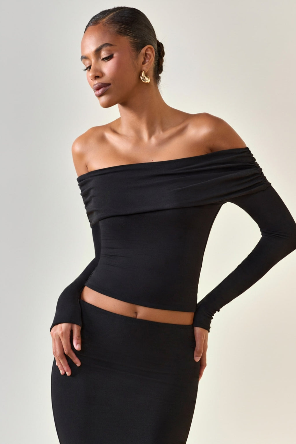 Chic Modal Off-Shoulder Long-Sleeve Top in Black