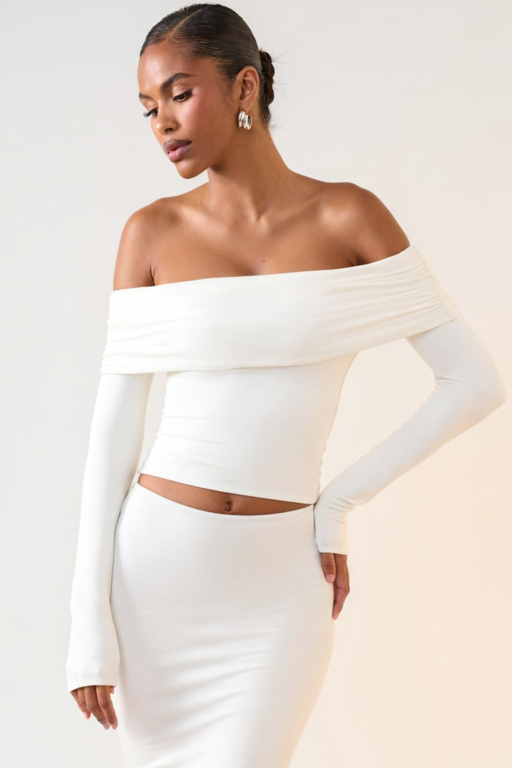 Chic Modal Off-Shoulder Long-Sleeve Top in White