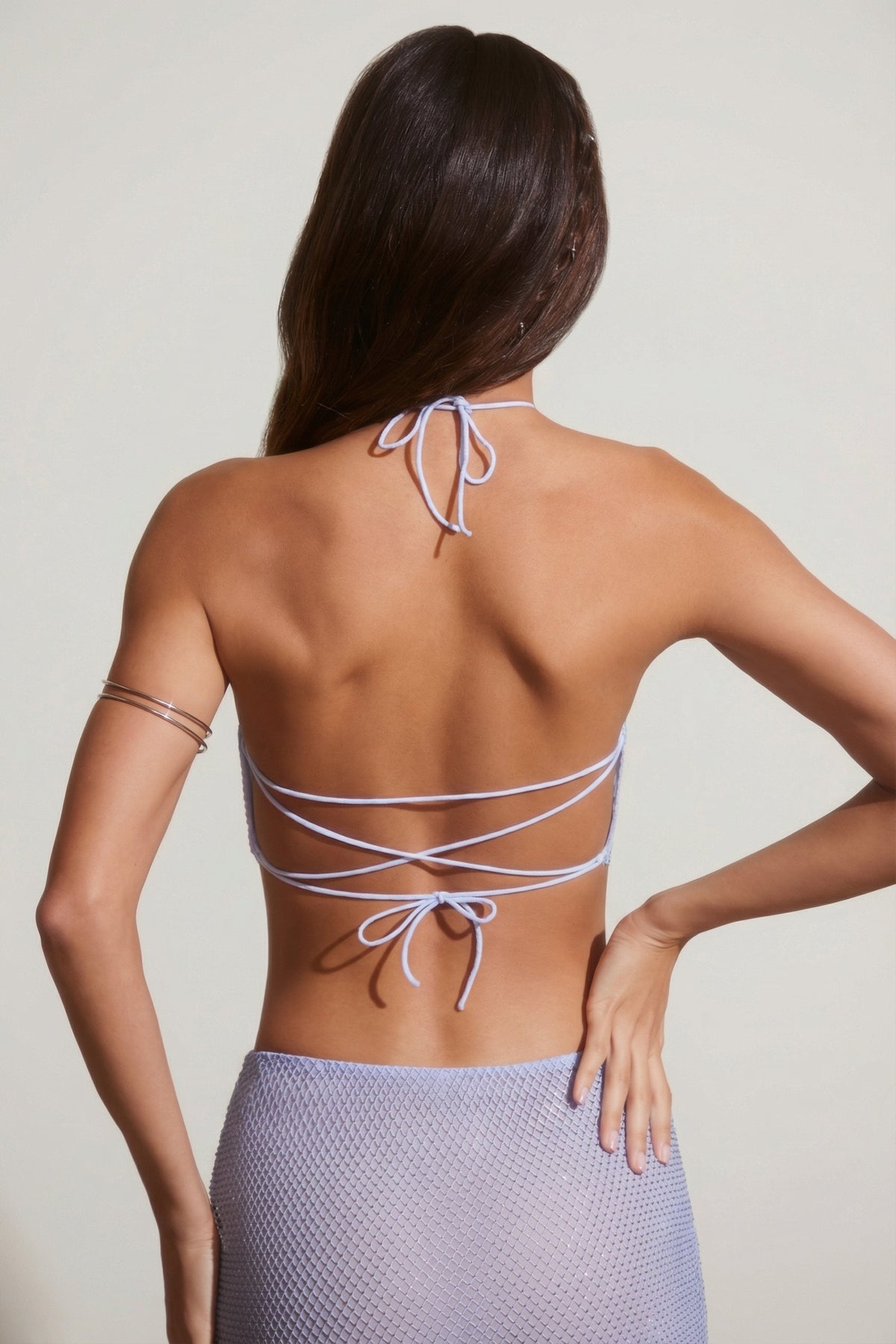 Chic Embellished Open Back Crop Top in Blue