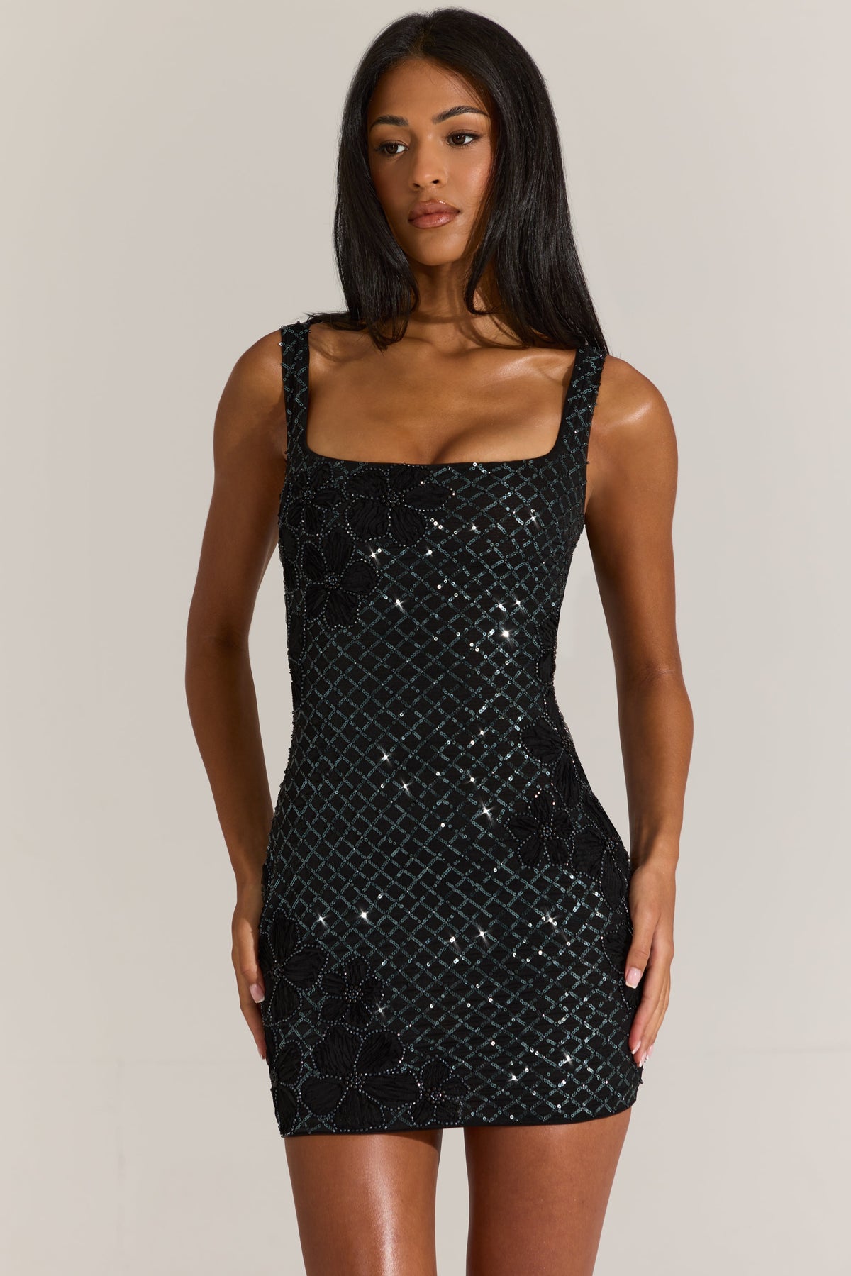 Chic Embellished Square-Neck Mini Dress in Black
